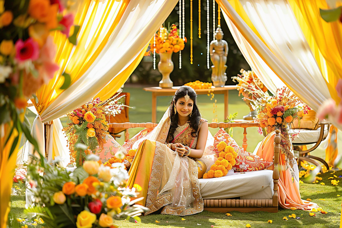 A bride sitting on a mehndi stage under yellow drapes and marigold flowers.